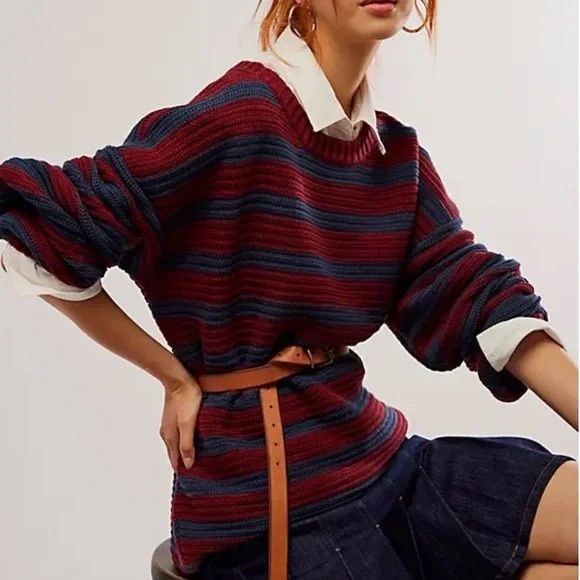 Free People Sweaters - Free People Links Red Navy Blue Chunky Striped Knit Oversized Pullover Sweater